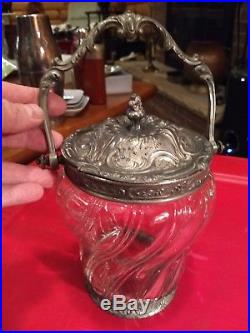 Rare Antique Victorian Swirl Glass Biscuit Jar w Pewter Base, Rim, Handle & Lid