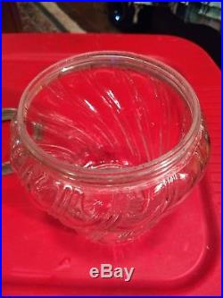 Rare Antique Victorian Swirl Glass Biscuit Jar w Pewter Base, Rim, Handle & Lid