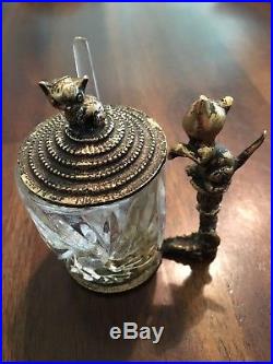 Rare Vintage Crystal Glass Brass Mustard Jar with Incredible Cat Handle & Lid