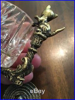 Rare Vintage Crystal Glass Brass Mustard Jar with Incredible Cat Handle & Lid