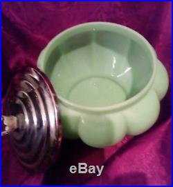Rare Vintage Jadeite Glass Tea, Biscuit Pumpkin Jar, Flower Lucite Handle