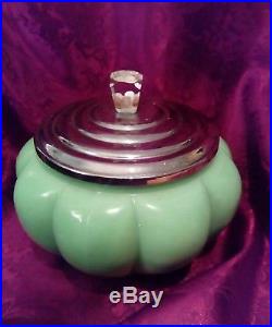 Rare Vintage Jadeite Glass Tea, Biscuit Pumpkin Jar, Flower Lucite Handle