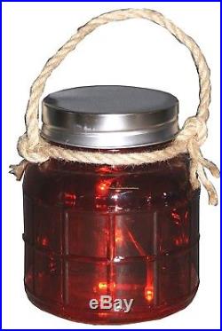 Red Embossed Glass Jar with LED String Lights and Rope Handle Battery Operated