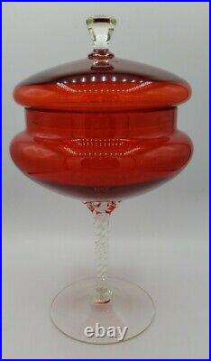 Red Empoli Glass Apothecary Candy Jar Clear Glass Spiral Stem Base Finial
