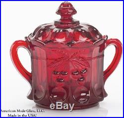 Red Glass Cherry & Cable Pattern 2 Handled Cracker Jar