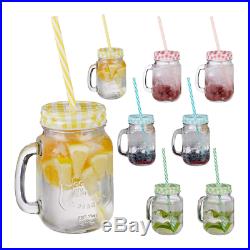 Relaxdays Drinking Mason Jam Jars with Straws and Handles, Set of 8, 400 ml, Col