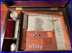 RosewoodMahogany 1825 writing box w Sheffield plate glass jars & nib flint