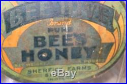 SCARCE 1920's 5LBS BEE HIVE PURE BEE'S HONEY GLASS JAR With WOOD HANDLE FARM BARN