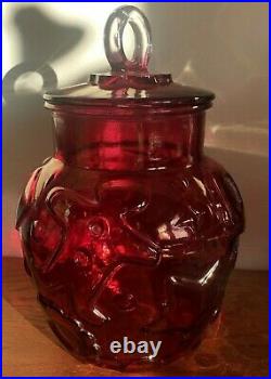 SUPER RARE Vintage Hazel Atlas TRANSPARENT RED Glass Gingerbread Man Cookie Jar