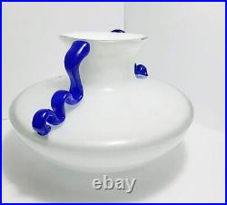 S. Puccini Art Glass Vase Italy Murano White Blue Handles 5½