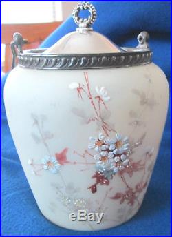 Satin Glass Biscuit/Cracker Jar With Hand Painting Silver Plate Handle & Lid