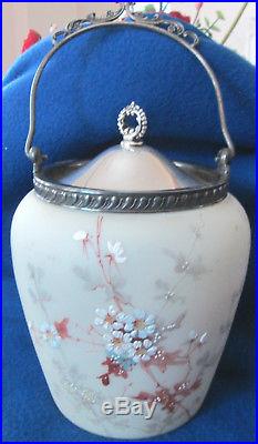 Satin Glass Biscuit/Cracker Jar With Hand Painting Silver Plate Handle & Lid