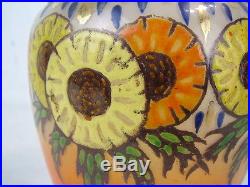 Scarce Antique Orange Glass Enamel Paint Biscuit Jar Lid Handle Flowers Daisies