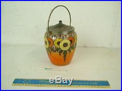 Scarce Antique Orange Glass Enamel Paint Biscuit Jar Lid Handle Flowers Daisies