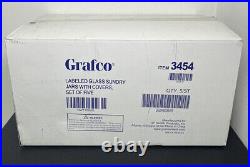 Set Of 5 Grafco Labeled Glass Sundry Jars With Covers #3454 NEW IN BOX