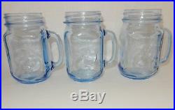 Set of 3 Blue Country Fair Rooster Chicken Handle 16 oz Glass Drinking Pint Jars