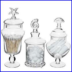 Set of 3 Clear Glass Apothecary Jars Seashell Handle Food Canisters Decor NEW