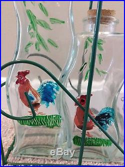 Set of 3 Glass Hand Painted Rooster Jars Canisters Vases Corks & Caddy with Handle