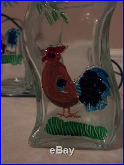 Set of 3 Glass Hand Painted Rooster Jars Canisters Vases Corks & Caddy with Handle