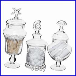 Set of 3 seashell handle clear glass apothecary jars / food storage canisters /