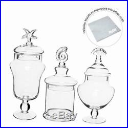 Set of 3 seashell handle clear glass apothecary jars / food storage canisters /