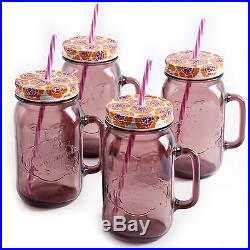Set of 4 32oz Mason Glass Drinking Jars Plum with Orange Lids, Straws, Handles