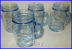 Set of 4 Blue Country Fair Rooster Chicken Handle 16 oz Glass Drinking Pint Jars