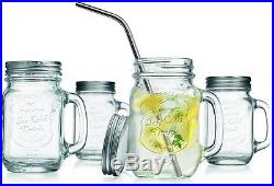 Set of 4 Clear Glass Mason Jar Beverage Mugs with Handles, 16-oz Glass Drink