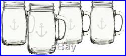 Set of 4 Vintage Mason Jar Drinking Mugs withHandles Engraved Nautical Anchor