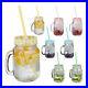 Set of 8 Drinking Mason Jam Jars with Straws and Handles, 4 Colours, Glass Set