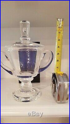 Signed in script Steuben Glass Crystal double handled vase jar with lid
