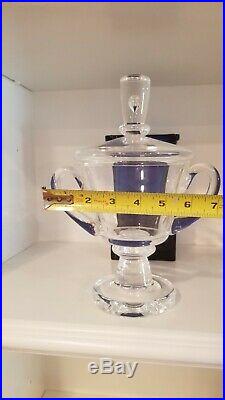 Signed in script Steuben Glass Crystal double handled vase jar with lid