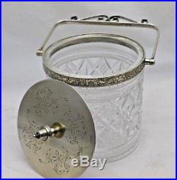 Silver Plate & Cut Glass Antique Swing Handle Biscuit Barrel or Cookie Jar