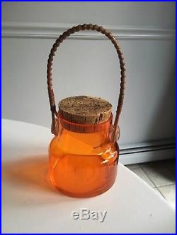 Small Mid Century Modern Japanese Orange Glass Jar Cork Stopper Wicker Handle