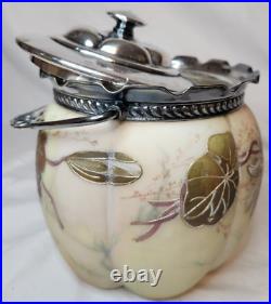 Smith Bros Opaline & Silver Plated Biscuit Jar 1890s Crown Lid Antique Handpaint