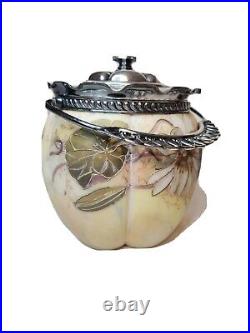 Smith Bros Opaline & Silver Plated Biscuit Jar 1890s Crown Lid Antique Handpaint