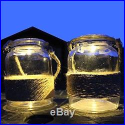 Solar Powered Glass Lit Hanging Jar with Rope Handle Twin Pack