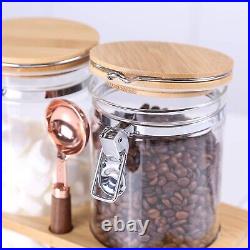 Stylish Cylindrical Glass Containers with Bamboo Lids Includes Wooden Scoop