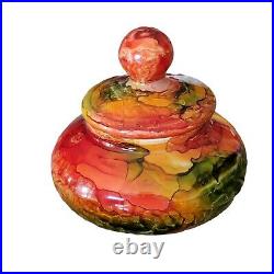 Sylvie Montagnon French Painted Art Glass 5 Lidded Jar Red Green Orange