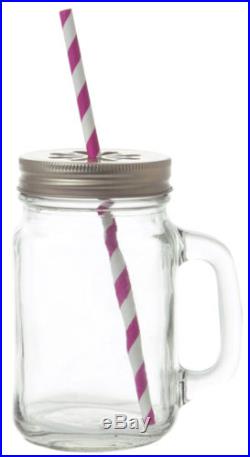 TRENDY MASON JAR -Wedding Party Glass With Lid Handle & Straw 14cm FREE DELIVERY