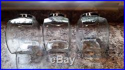 Three 3 VINTAGE Glass Penny Candy Jars Tilt Canister Chrome Lids with Red Handles