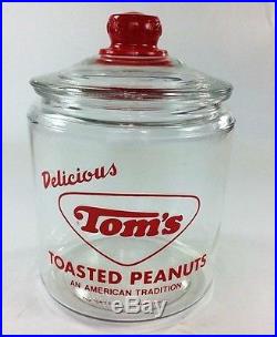 Tom' Delicious Toasted Peanuts Glass Display Jar & Lid withRed Tom's Handle, VTG