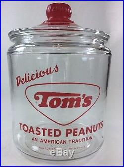 Tom' Delicious Toasted Peanuts Glass Display Jar & Lid withRed Tom's Handle, VTG#2