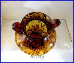 Tortoise Hand Blown Art Glass Vase/Jar 10.5 withHandles Brown Amber Retro Décor