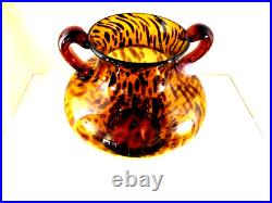 Tortoise Hand Blown Art Glass Vase/Jar 10.5 withHandles Brown Amber Retro Décor