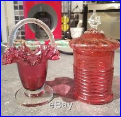 Two Antique Cranberry Glass Ribbed Jar And Flower Basket Twisted Handle C. 1880