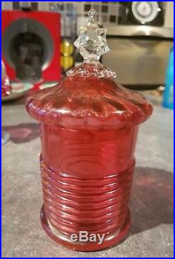 Two Antique Cranberry Glass Ribbed Jar And Flower Basket Twisted Handle C. 1880
