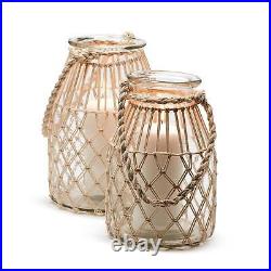 Two's Set Of 2 Milk Jar Vase / Candleholders With Natural Rope Weave And Handle