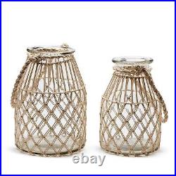 Two's Set Of 2 Milk Jar Vase / Candleholders With Natural Rope Weave And Handle