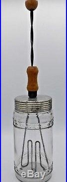 Unique Antique Manual Hand Mixer Glass Jar Pump Wood Handle Beater 1 Quart Exc
